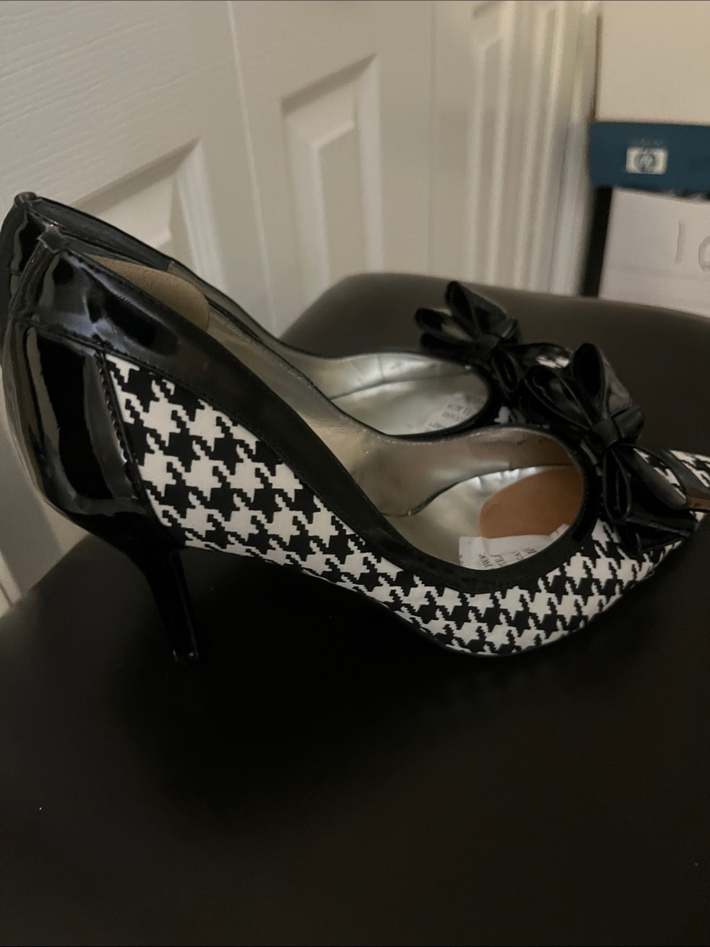 J.Renee Black & White Houndstooth Pointed Pumps with Patent Bow - Picture 2 of 5